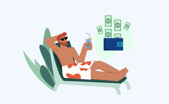 Relaxed male lying on deck chair with juice enjoying passive income vector flat illustration. Holiday man drinking cocktail on beach thinking about cash in wallet isolated on white