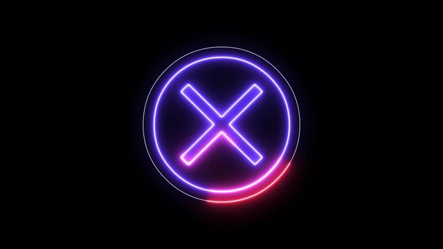 Neon cross mark, x symbol. Wrong, error concept with glowing, neon light. 
