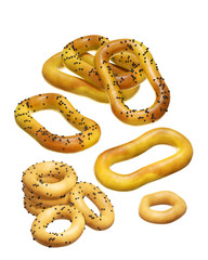 A composition of traditional Russian round and crunchy cookies with poppy seeds - sushki. 3D illustration with a set of different baked bagels on a white background.