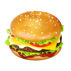 Fresh Burger with a meat cutlet, a slice of melted cheese, lettuce, tomato, ketchup and mayonnaise on a sesame bun. 3D illustration of American fast food on a white background.