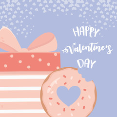happy valentines day pink gift box and sweet donut