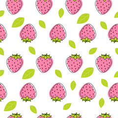 Strawberry seamless vector pattern. Pink strawberries and green leaves with black doodle stroke on white background. Vector flat concept