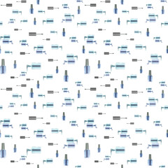 Watercolor seamless pattern with nail polish and tools. Hand drawn illustration.
