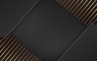 Fototapeta premium Trendy 3d graphic background black cube and golden line futuristic pattern vector illustration. Dark square modern geometric shape element design abstract backdrop