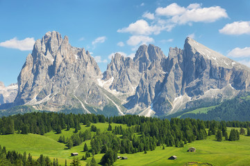 Sassolungo and Sassopiatto mountains from Alpe di Siusi or Seiser Alm, Dolomites Alps , Italy