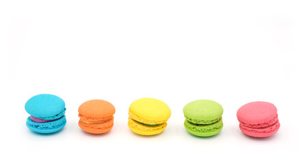 Colourful macarons cakes isolated on white background, Small French cakes