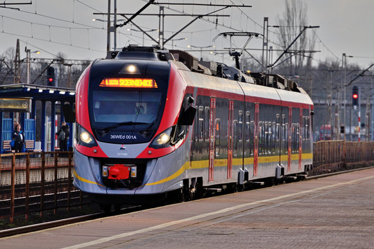 Passenger train at the station. Koluszki, Poland.