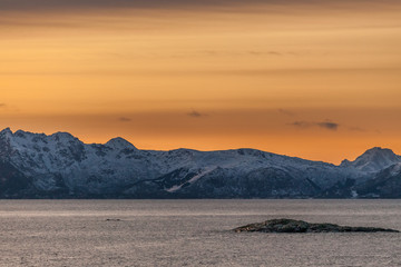 Amazing Sunset over Lofoten island, Norway. Dramatic winter landscape