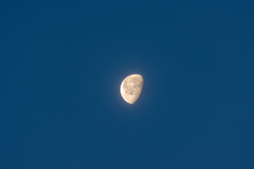 Abnehmender Mond im dunkelblauen, wolkenlosen Morgenhimmel mit Platz für Text