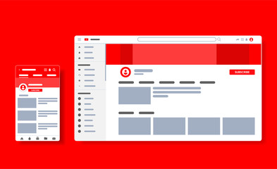 Profile page of youtube video plaer. Blogger channel. UI UX template of website. Responsive social media page for smartphone and desktop. Vector Illustration mock up.