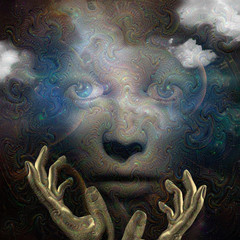 Face in abstract space with hands