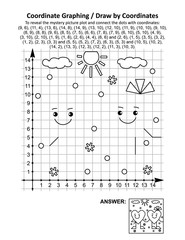 Coordinate graphing, or draw by coordinates, math worksheet with St Valentine's Day two friendly hearts: To reveal the mystery picture plot and connect the dots with given coordinates. Answer included