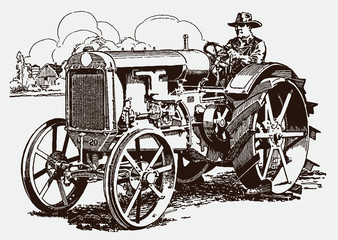 Fototapeta na wymiar Farmer driving a historical tractor in a field in three-quarter front view. Illustration after an engraving from the early 20th century