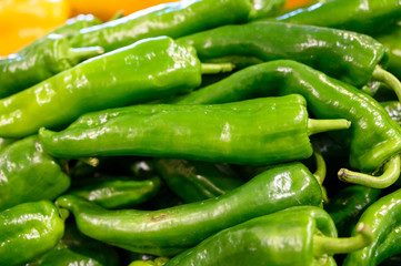 Fresh green sweet paprika pepper for sale on Sunday farmers market on Tenerife, Canary islands, Spain