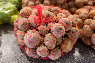 Special small tasty potatoes papas negras, main ingredient of cuisine on Canary islands,Spain,  cooked with a lot of salt and served with mojo sauces.