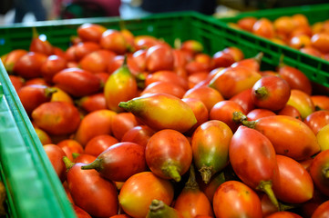 Tamarillo, egg-shaped edible fruit, also called tree tomato, tomate de arbol, tomate andino, tomate...