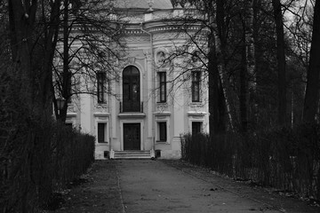 sculpture in kuskovo palace in Moscow. Black and white. facade of an old building. sculptures and decorative elements on the facade of buildings.   
