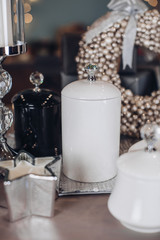 Necessary decorations for a festive dinner on the table. New Year eve concept