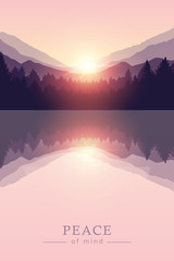 beautiful sunrise by peaceful lake on mountain purple nature landscape vector illustration EPS10