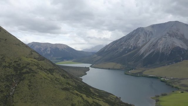 lake Pearson New Zealand, amazing lake in New Zealand, aerial drone view, 