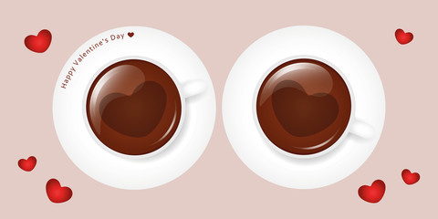 two cups of coffee with heart for valentines day vector illustration EPS10