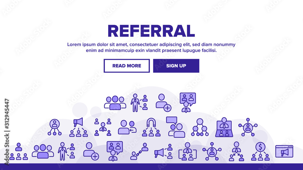 Poster referral marketing landing web page header banner template vector. internet and communication friend