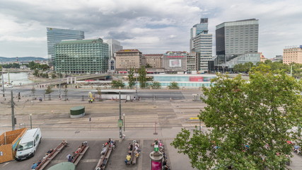 Obraz premium The Schwedenplatz is a square in central Vienna, located at the Danube Canal aerial timelapse