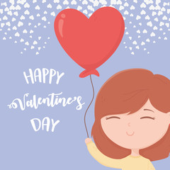 happy valentines day young girl with balloon heart love card