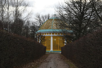 facade of an old building. yellow building fa&ccedil;ade. sculptures and decorative elements on the facade of buildings. palace in moscow Russia.