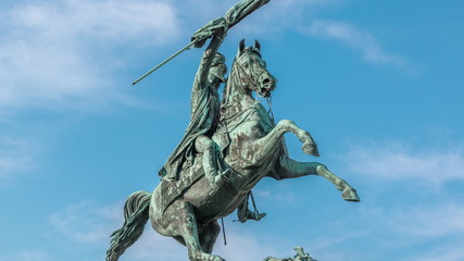 Statue rider Erzherzog Karl on horseback with flag in hand timelapse. Heldenplatz. Vienna