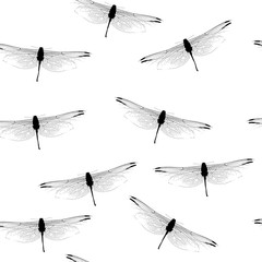 Seamless texture pattern with dragonfly silhouettes. Dragonflies on a white background pattern. Pattern with insects
