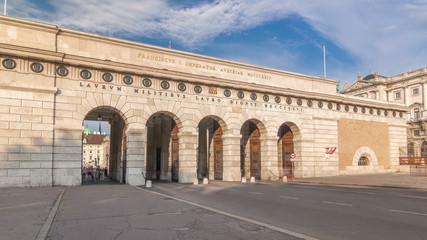 Exterior of outer castle gate from Ringstrasse timelapse hyperlapse in Vienna city in sunny day.