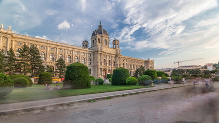 Beautiful view of famous Naturhistorisches Museum with park and sculpture timelapse hyperlapse in Vienna, Austria