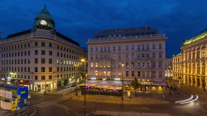 Albertina Square aerial day to night timelapse with historic buildings in downtown Vienna, Austria