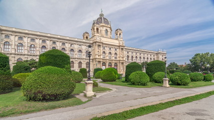 Beautiful view of famous Naturhistorisches Museum timelapse hyperlapse with park and sculpture in Vienna, Austria