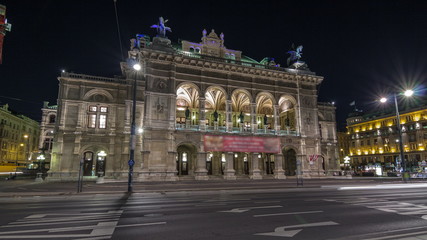 Fototapeta na wymiar Beautiful view of Wiener Staatsoper night timelapse hyperlapsecin Vienna, Austria