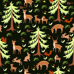 Seamless pattern with deers in the forest. Vector graphics.