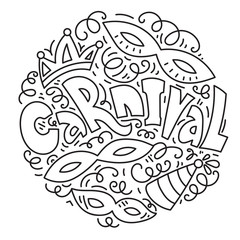 Carnival card design with masquerade masks, crown and jester hat. Black and white hand drawn vector illustration. Circle composition in line art style.