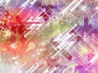 On a bright multi-colored background, arrows, circles, lights, and transparent abstract shapes.