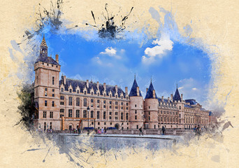 The Conciergerie, a former royal palace and prison. Paris, France. Ink watercolor style. 