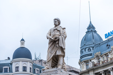 George Lazar statue in Bucharest,  a Transylvanian, later Romanian scholar, the founder of the first Romanian language school in Bucharest, 1817 - obrazy, fototapety, plakaty