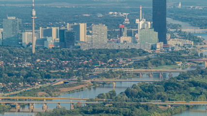 Skyline of Vienna from Danube Viewpoint Leopoldsberg aerial timelapse.