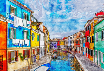 Fototapeta na wymiar Colorful houses on Burano, island in the Venetian Lagoon. Italy. Aquarelle (watercolor) style.