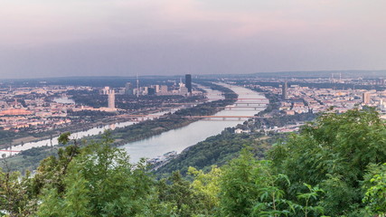 Obraz premium Skyline of Vienna from Danube Viewpoint Leopoldsberg aerial timelapse.