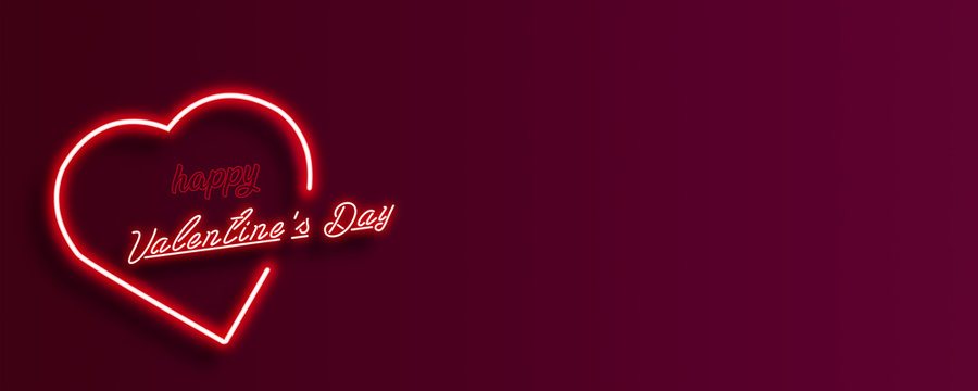 Neon heart and Valentine's day inscription on a burgundy gradient background.