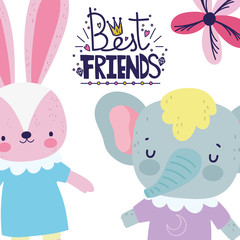 friendship day cute rabbit and elephant together holding hands greeting card