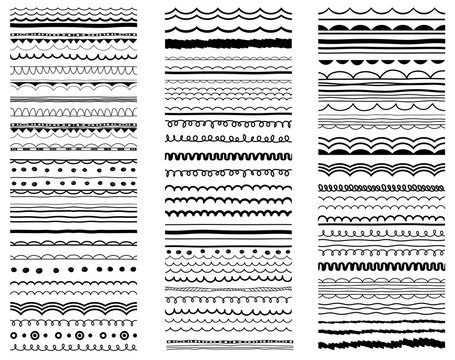 Abstract black, white wavy calligraphic patterns, hand drawn borders, decorative design elemenis. Ornaments, brushes, greeting symbols, icons set. Festive border, pattern collection. 