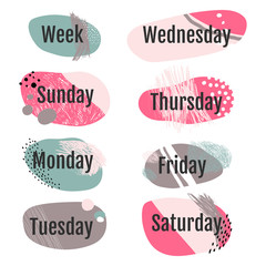 Days of the week for a daily, weekly and planner. Decorative elements.