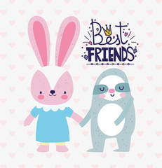 Obraz na płótnie Canvas best friends cute rabbit and sloth holding hands card