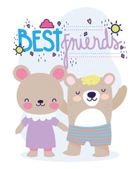 best friends little bears with dress and pants cartoon card